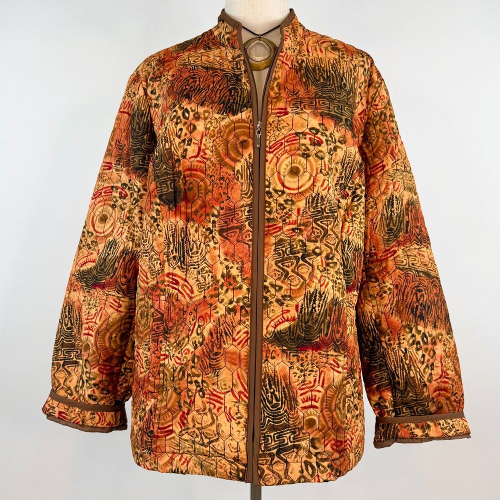 Boho Burnt Orange Quilted Zip Up Jacket Hippie Art to Wear Cabin Gremlin Core 1X
